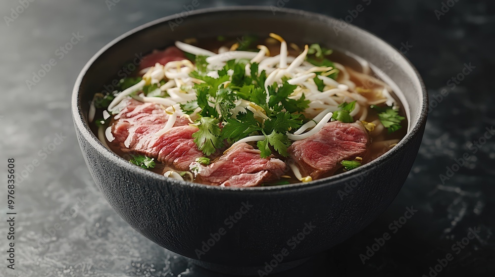 A bowl of pho with rare beef slices, bean sprouts, and fresh herbs, resting on a polished stone countertop, trendy minimalist Vietnamese cafe, minimalistic style, 3D render, extrem A bowl of pho with rare beef slices, bean sprouts, and fresh herbs, resting on a polished stone countertop, trendy minimalist Vietnamese cafe, minimalistic style, 3D render, extrem