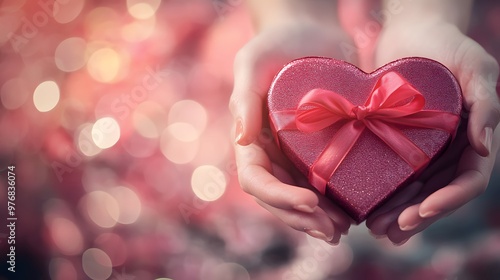 Hands Holding a Heart-Shaped Gift Box: A pair of hands holding a heart-shaped gift box with a bow, set against a romantic, soft-focus background. 