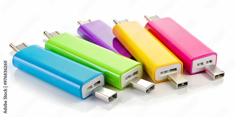 Colorful chargers set against a white backdrop, convenient way to recharge gadgets, isolated, colorful, chargers Colorful chargers set against a white backdrop, convenient way to recharge gadgets, isolated, colorful, chargers