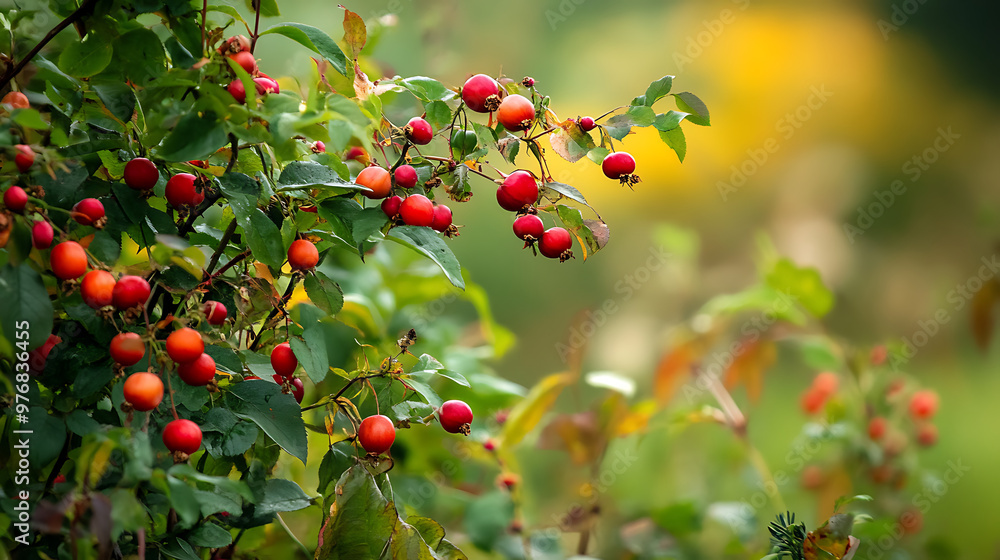 Obraz premium A wild rose bush with edible rose hips in full bloom, surrounded by other native plants 