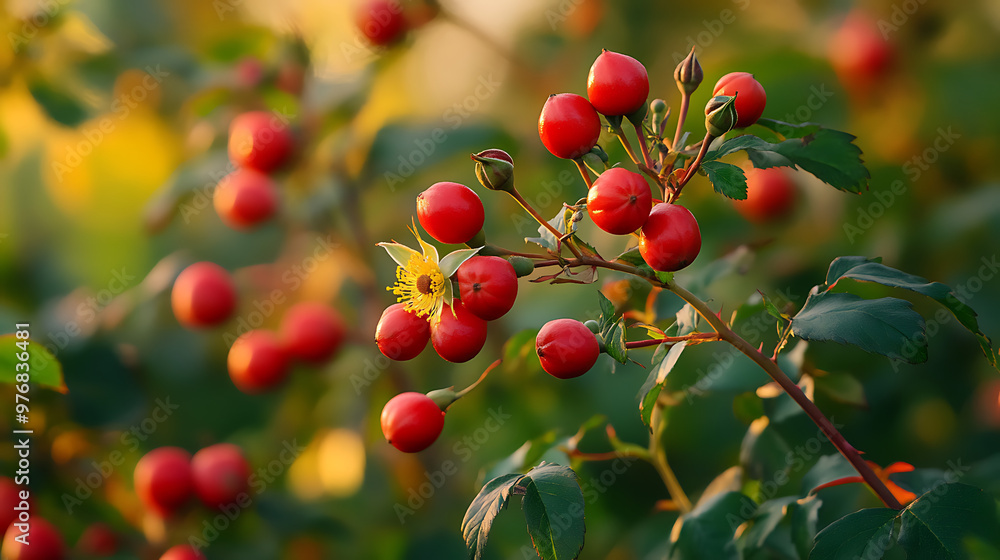 A wild rose bush with edible rose hips in full bloom, surrounded by other native plants A wild rose bush with edible rose hips in full bloom, surrounded by other native plants