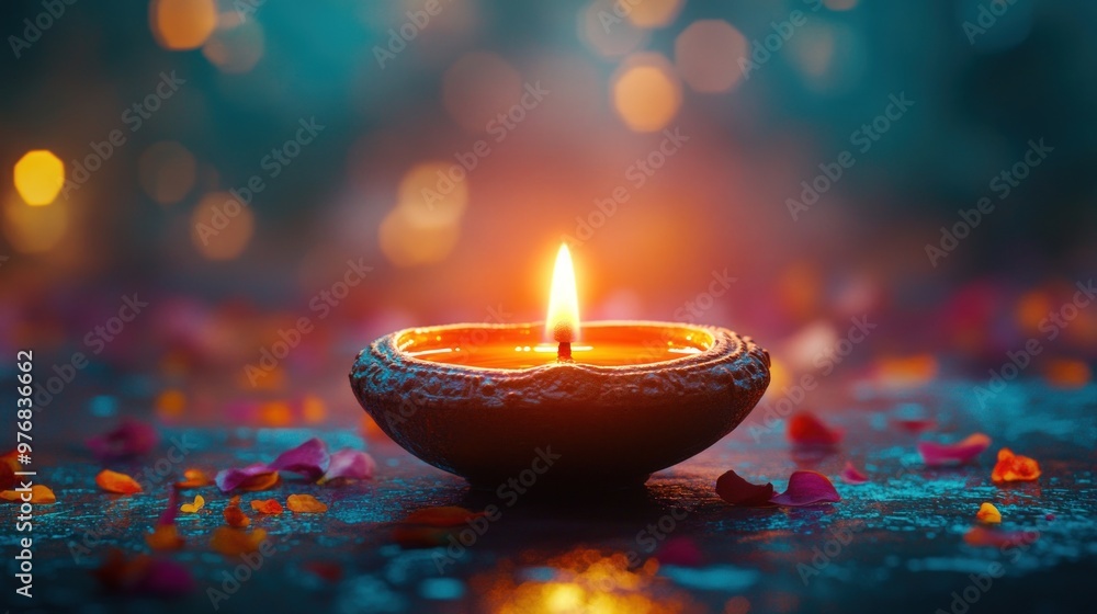 A lit diya lamp with a warm glow surrounded by petals and a bokeh background. A lit diya lamp with a warm glow surrounded by petals and a bokeh background.