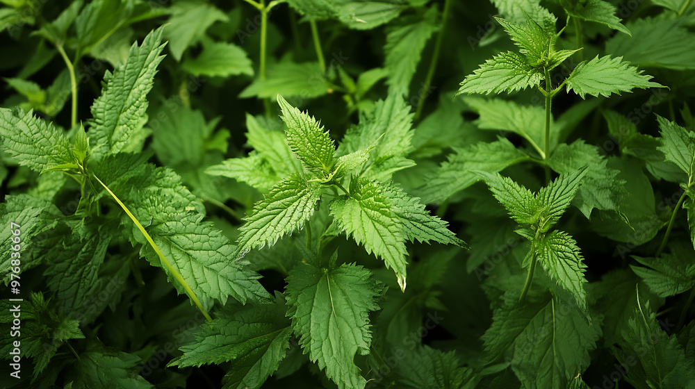 Wild nettle plants in a dense forest area, known for their edible and medicinal properties Wild nettle plants in a dense forest area, known for their edible and medicinal properties