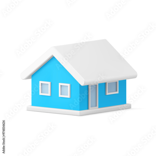 Traditional cute winter blue house with white roof and window coziness fairy tail home 3d template realistic vector illustration. Magic minimalist hut facade Xmas spruce toy isometric design isolated