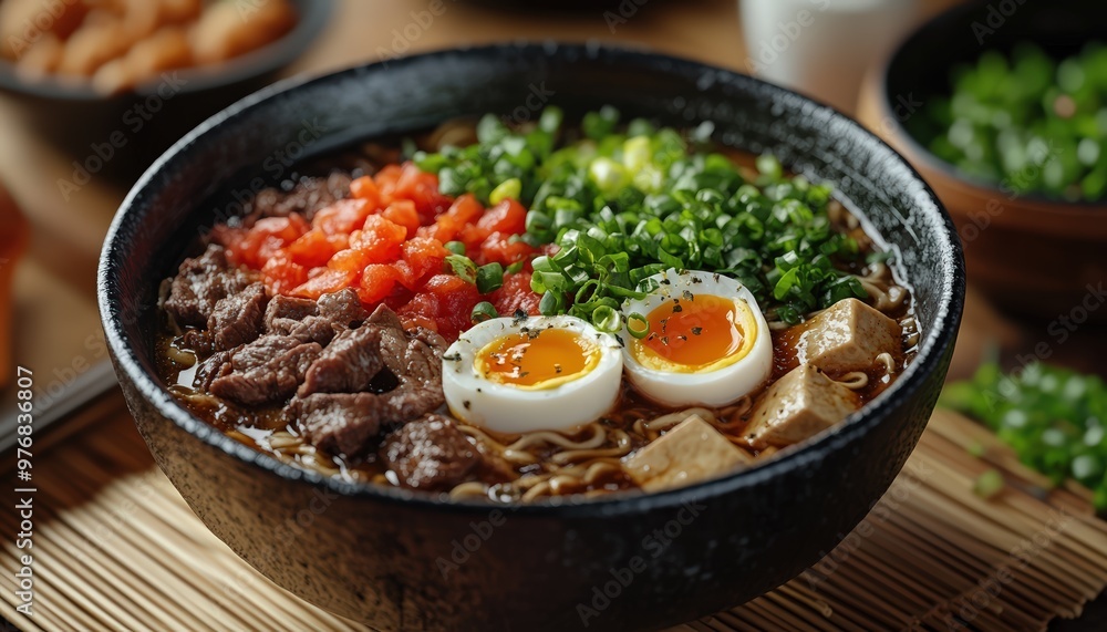 A bowl of fusion ramen with beef, tofu, and soft-boiled egg, set on a bamboo mat, cozy ramen bar with warm lighting and wooden decor, peaceful style, 3D render, close-up with room A bowl of fusion ramen with beef, tofu, and soft-boiled egg, set on a bamboo mat, cozy ramen bar with warm lighting and wooden decor, peaceful style, 3D render, close-up with room