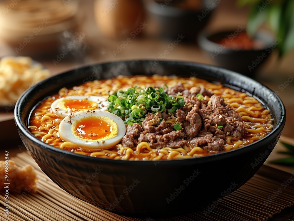 A bowl of fusion ramen with beef, tofu, and soft-boiled egg, set on a bamboo mat, cozy ramen bar with warm lighting and wooden decor, peaceful style, 3D render, close-up with room A bowl of fusion ramen with beef, tofu, and soft-boiled egg, set on a bamboo mat, cozy ramen bar with warm lighting and wooden decor, peaceful style, 3D render, close-up with room
