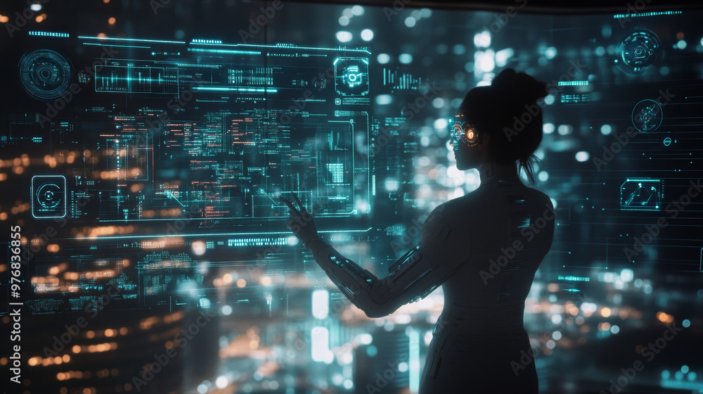 Artificial intelligence manages a smart city through the internet and an HUD interface with icons representing urban infrastructure. It involves IoT technology in information and communication . Artificial intelligence manages a smart city through the internet and an HUD interface with icons representing urban infrastructure. It involves IoT technology in information and communication .
