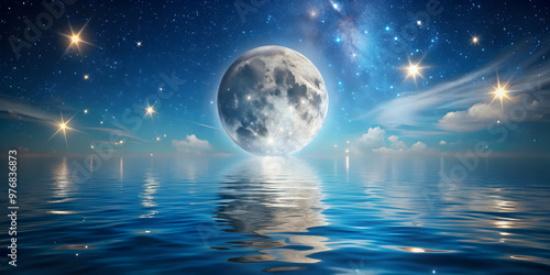 Artistic representation of moon and stars reflected in a tranquil ocean , moon, stars, reflection, calm, ocean, nighttime