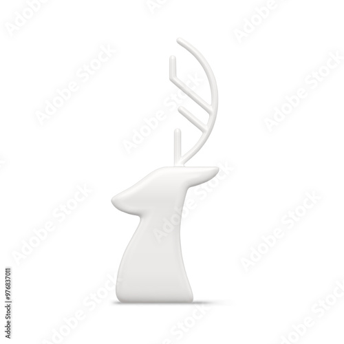 Luxury white north deer head with horns traditional Christmas bauble side view realistic vector illustration. Expensive festive winter holiday statuette Santa Claus animal portrait jewelry design