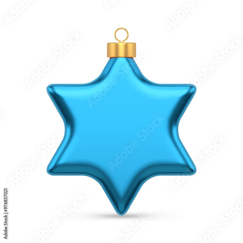 Realistic luxury blue six pointed star with loop for hanging on Christmas tree vector illustration. Expensive jewelry Xmas spruce bauble glossy decorative design winter holiday celebrate