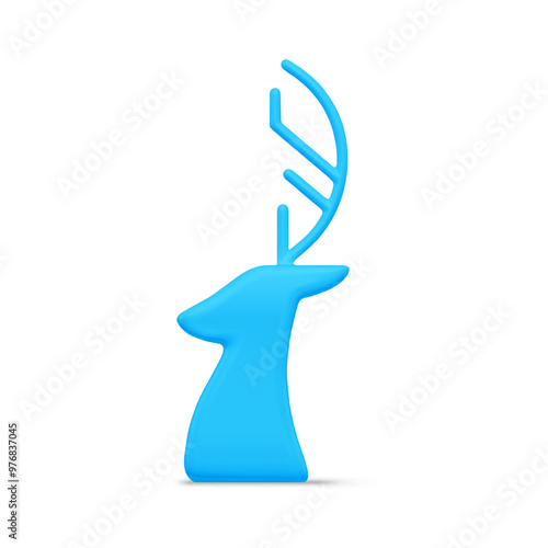Luxury blue north deer head with horns traditional Christmas bauble side view realistic vector illustration. Expensive festive winter holiday statuette Santa Claus animal portrait jewelry design