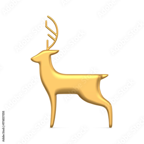 Classic north deer golden metallic bauble statuette decorative design side view realistic vector illustration. Luxury horned animal toy 3d template for Christmas tree or interior decor winter symbol