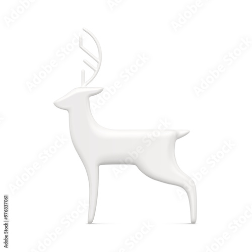 Classic north deer white bauble statuette decorative design side view realistic vector illustration. Luxury horned animal toy 3d template for Christmas tree or interior decor winter symbol