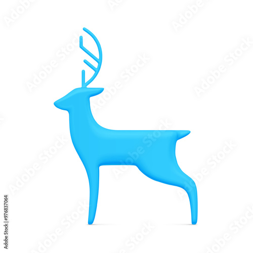 Classic north deer blue bauble statuette decorative design side view realistic vector illustration. Luxury horned animal toy 3d template for Christmas tree or interior decor winter symbol