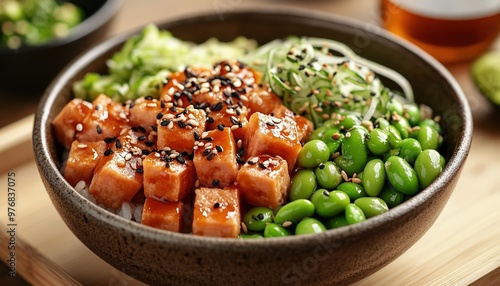 A bowl of fusion poke with tofu, edamame, and avocado, placed on a white ceramic dish, modern minimalist cafe with large windows and natural light, peaceful style, 3D render, mediu photo