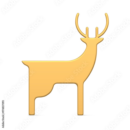 Minimalist traditional metallic horned deer three dimensional realistic vector illustration. Glossy Christmas decorative design template isolated on white. Luxury New Year Christmas animal toy mockup