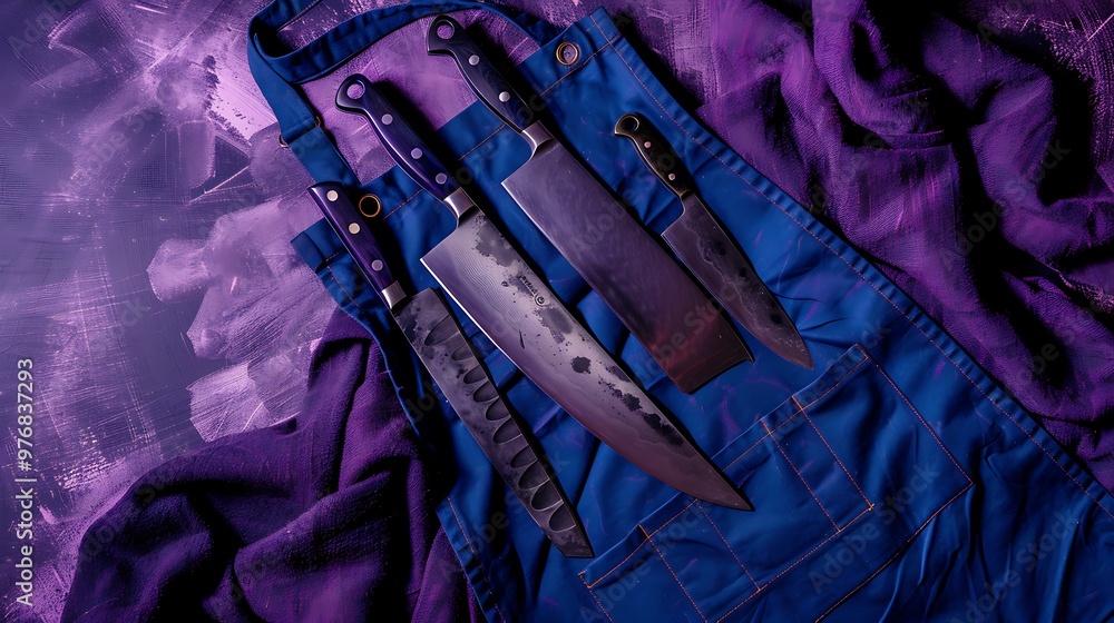 Obraz premium On a purple floor an alloy a knives and blue apron are tied