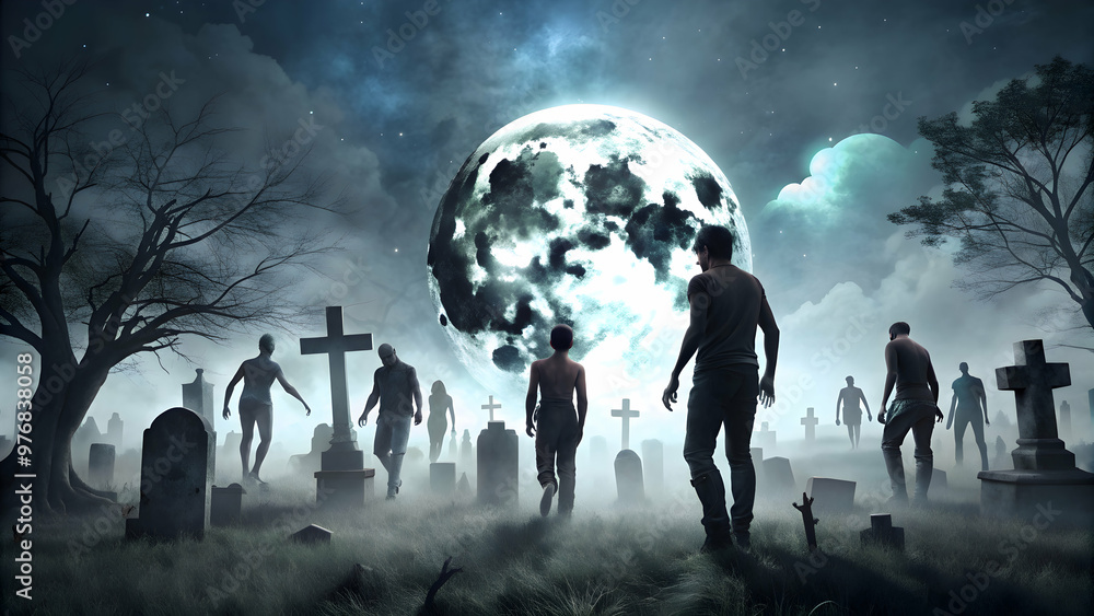 Zombies rising from graveyard holes on a full moon Halloween night, undead, night, cemetery, spooky, horror, halloween, moon