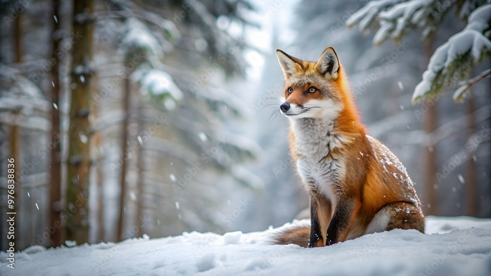 Fox sitting in snow covered forest, fox, snow, winter, cold, animal, nature, wild, woodland, white, fluffy, serene Fox sitting in snow covered forest, fox, snow, winter, cold, animal, nature, wild, woodland, white, fluffy, serene