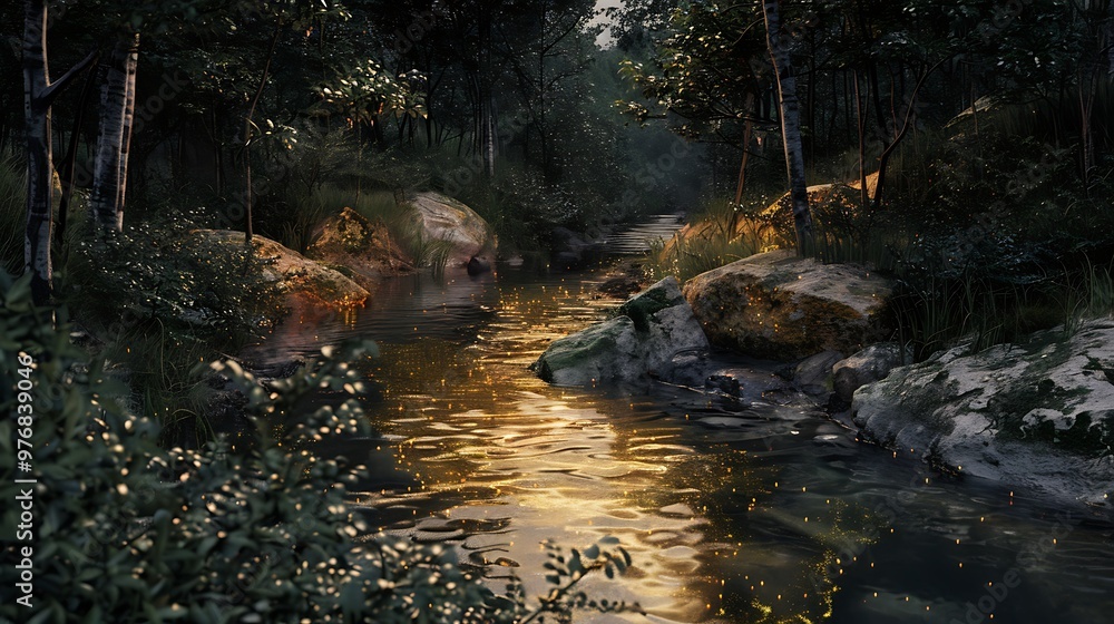 Obraz premium A quiet stream glows softly in the humid dusk lighting