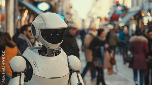 Wallpaper Mural Humanoid Robot: A humanoid robot interacting with people in a busy urban environment, seamlessly blending in. 
 Torontodigital.ca