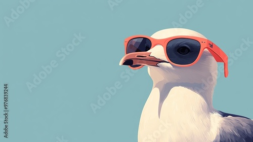 A minimalist illustration of a seagull wearing trendy sunglasses, blending the carefree nature of coastal birds with modern fashion elements, rendered in a simple yet stylish design.