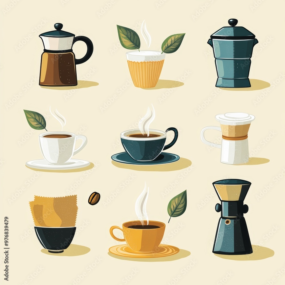 Fototapeta premium Coffee Set Illustration Vintage Style Coffee Pots Cups and Beans