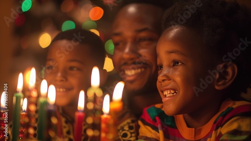 Wallpaper Mural Happy African American family celebrating a birthday with a lit cake and candles in front of a decorated Christmas tree. Torontodigital.ca