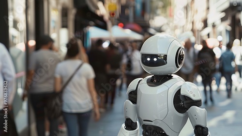 Humanoid Robot: A humanoid robot interacting with people in a busy urban environment, seamlessly blending in. 