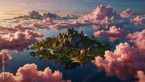 Fantastical Island Castle Scene Suggesting Adventure	 photo