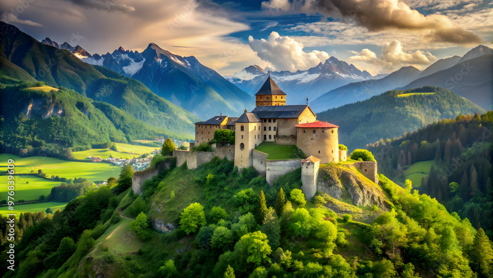 Old castle surrounded by majestic mountains and lush greenery, castle, mountains, ancient, historical, architecture, stone Old castle surrounded by majestic mountains and lush greenery, castle, mountains, ancient, historical, architecture, stone