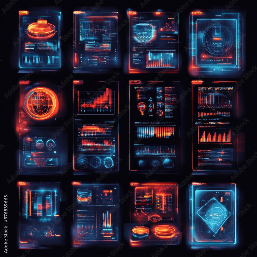 Futuristic Digital Interface HUD UI Screens with Red and Blue Neon Glow Futuristic Digital Interface HUD UI Screens with Red and Blue Neon Glow