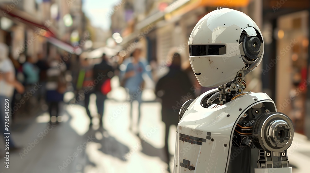 Humanoid Robot: A humanoid robot interacting with people in a busy urban environment, seamlessly blending in.
Humanoid Robot: A humanoid robot interacting with people in a busy urban environment, seamlessly blending in.