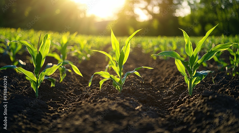 Young Corn Plants Growing in a Field at Sunset Young Corn Plants Growing in a Field at Sunset