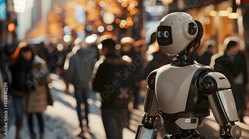 Humanoid Robot: A humanoid robot interacting with people in a busy urban environment, seamlessly blending in. 