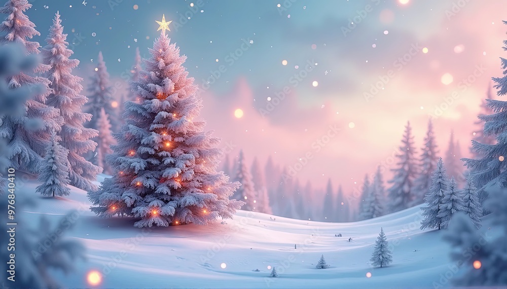 Greeting card. Christmas tree in the winter forest, pastel illustration Greeting card. Christmas tree in the winter forest, pastel illustration