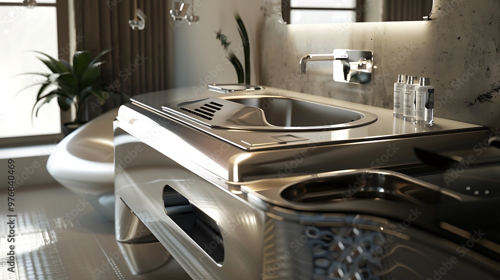 A radiant dispenser equipped washing desk made of metal A radiant dispenser equipped washing desk made of metal