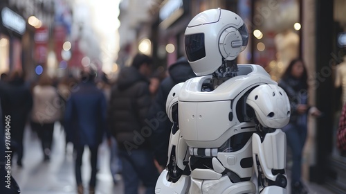 Humanoid Robot: A humanoid robot interacting with people in a busy urban environment, seamlessly blending in. 