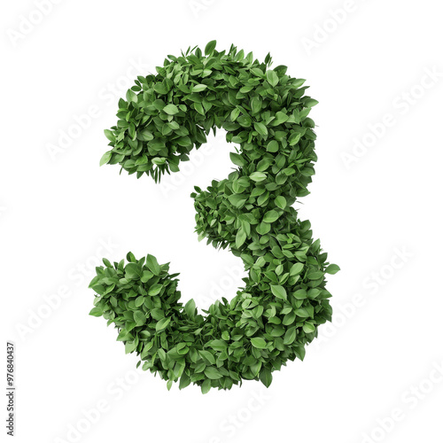 Number three made of green leaves, symbolizing nature and sustainability