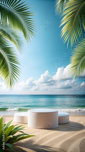 a white container with a palm tree in the background.