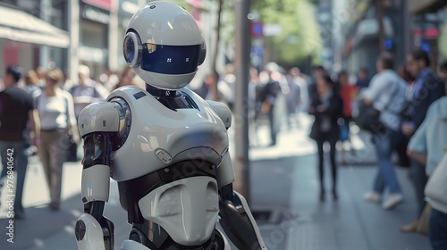 Humanoid Robot: A humanoid robot interacting with people in a busy urban environment, seamlessly blending in. 