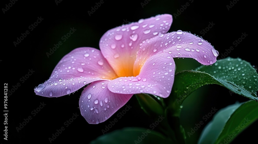 A beautiful pink flower adorned with fresh dew drops, showcasing vibrant colors against a dark background. A beautiful pink flower adorned with fresh dew drops, showcasing vibrant colors against a dark background.