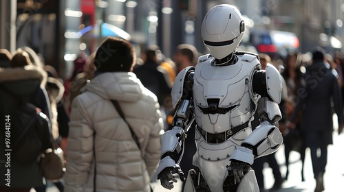 Wallpaper Mural Humanoid Robot: A humanoid robot interacting with people in a busy urban environment, seamlessly blending in. 
 Torontodigital.ca