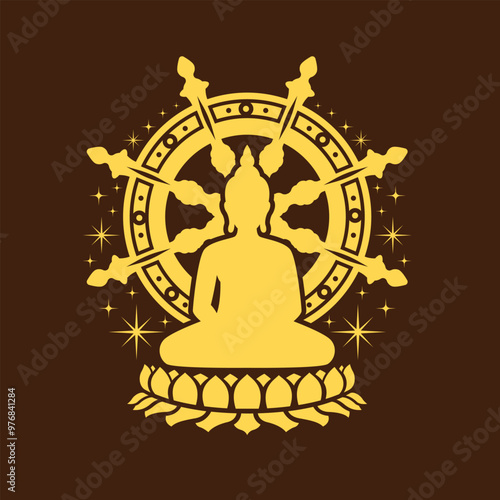 Yellow gold buddha meditation sit on lotus on circle dhammacakka and stars light around on brown background vector design