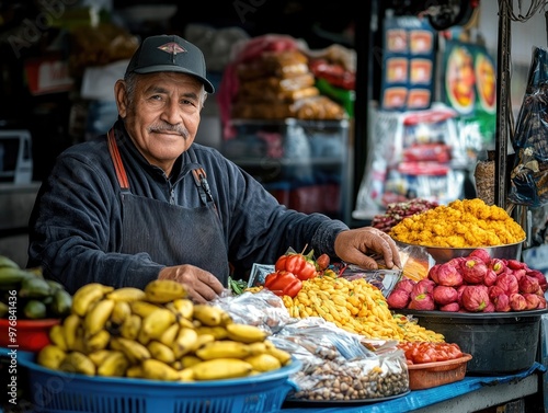 Street Vendor Selling Goods in a Vibrant Marketplace