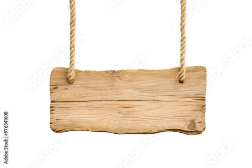 Wooden signboard hanging with ropes, blank for customization