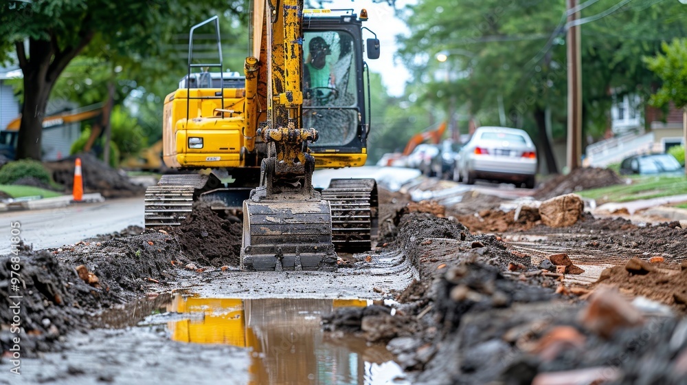 Excavator digging up old pavement on a road under construction Excavator digging up old pavement on a road under construction