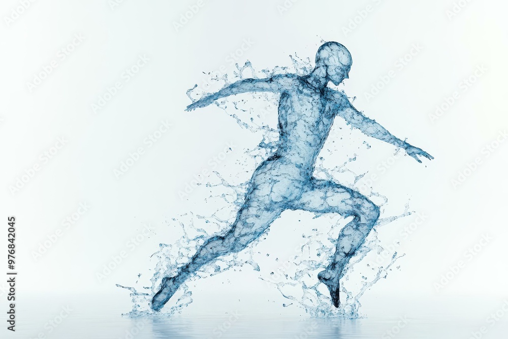 A dynamic figure made of water, capturing motion and energy in a stunning artistic representation of fluidity and grace.