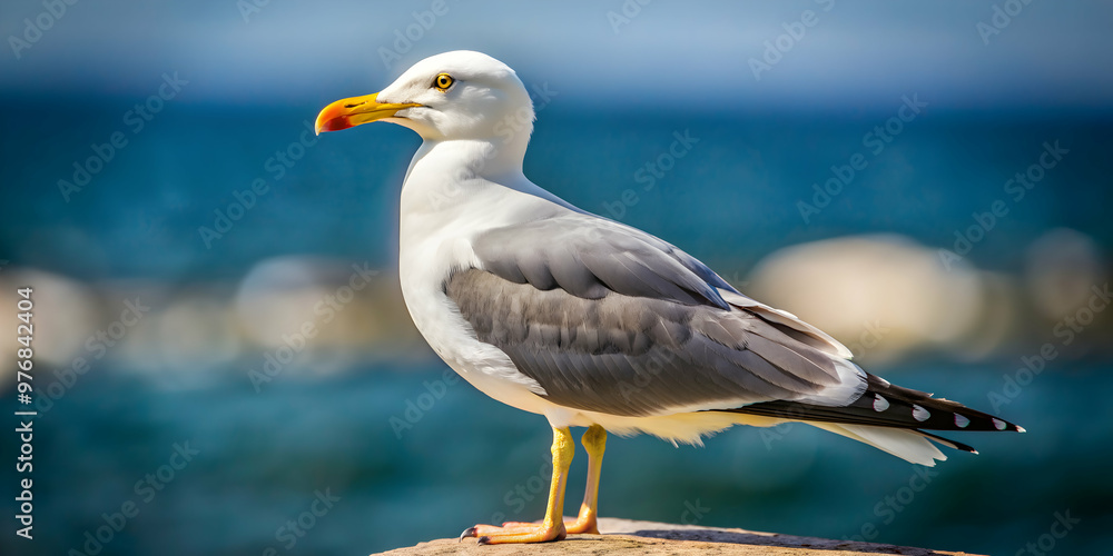 Side view of a seagull with white and gray plumage, seagull, bird, animal, wildlife, feathers, wings, seabird, coastal Side view of a seagull with white and gray plumage, seagull, bird, animal, wildlife, feathers, wings, seabird, coastal
