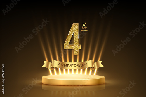 Fourth anniversary gold award podium. 4 year celebration birthday or jubilee golden vector background. Luxury stage with glowing rays, glittering number 4 and ribbon with text anniversary on black.